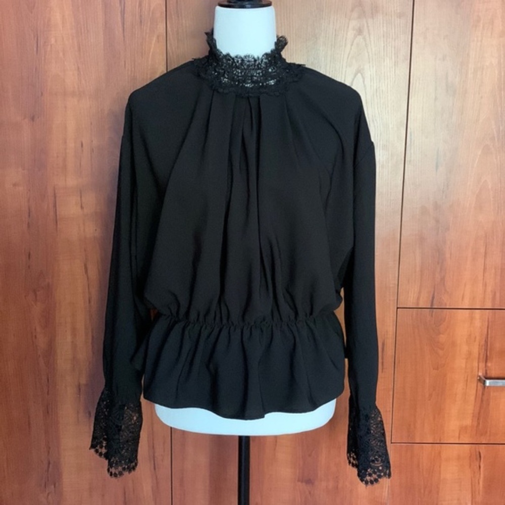 Lace Trimmed Long Sleeved Blouse